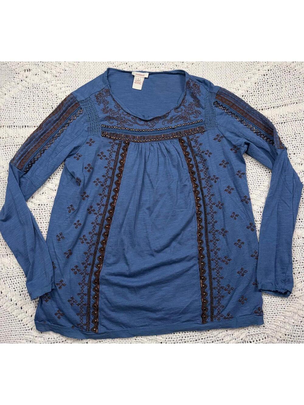 Sundance Embroidered Beaded Blue Peasant Top - Indigo Women’s Size Small